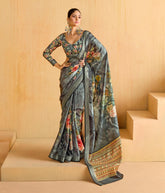 Grey Tussar Silk Floral Print Saree